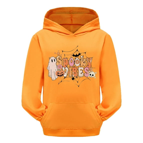WERYOUNG Girls Boys Hoodies Cartoon Pumpkin Letter Ghost Flower Printed Long Sleeve Pullover Hooded Halloween Sweatshirt With Pocket Kids Versatile Vacation Hoodie,Orange,8-9 Years