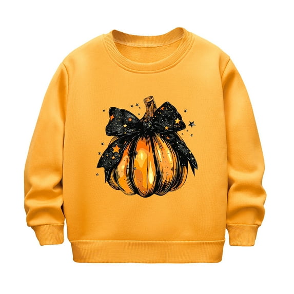 WERYOUNG Girls Boys Hoodies Cartoon Pumpkin Printed Long Sleeve Round Neck Pullover Hoodless Halloween Sweatshirt Child Casual Casual Outings Hoodie,Yellow,7-8 Years