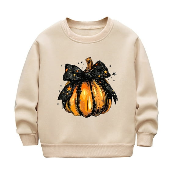 WERYOUNG Girls Boys Hoodies Cartoon Pumpkin Printed Long Sleeve Round Neck Pullover Hoodless Halloween Sweatshirt Child Cozy Party Hoodie,Khaki,3-4 Years