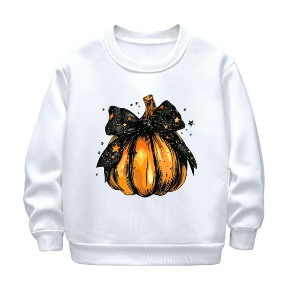 WERYOUNG Girls Boys Hoodies Cartoon Pumpkin Printed Long Sleeve Round Neck Pullover Hoodless Halloween Sweatshirt Girl Soft Birthday Hoodie,White,6-7 Years