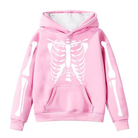 WERYOUNG Girls Boys Hoodies Cartoon Skeleton Printed Long Sleeve Pullover Hooded Halloween Sweatshirt With Pocket Child Breathable Vacation Hoodie,Pink,4-5 Years