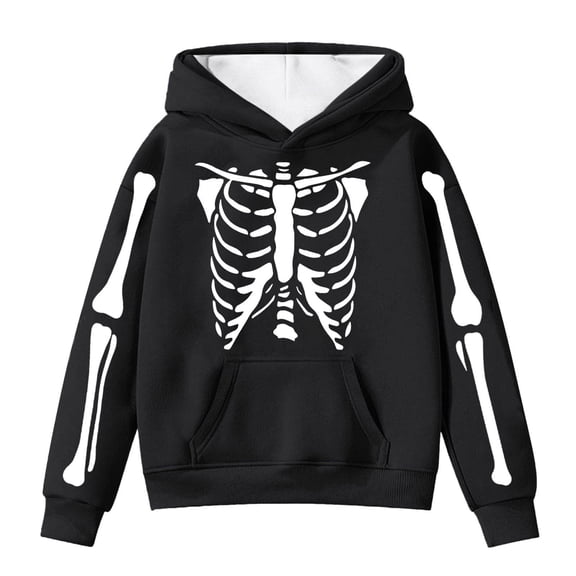 WERYOUNG Girls Boys Hoodies Cartoon Skeleton Printed Long Sleeve Pullover Hooded Halloween Sweatshirt With Pocket Girl Soft Birthday Hoodie,Black,6-7 Years