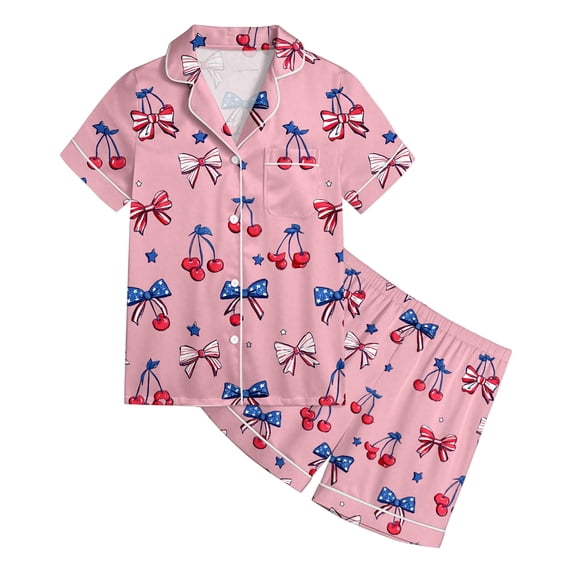 WERYOUNG Girls Boys Independence Day Sleeping Wear Outfits Short Sleeve Red White & Blue Button Shirts And Shorts Two Piece Sets Versatile Clothes Sets 4-5 Years