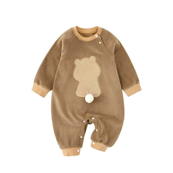 WERYOUNG Girls Boys Jumpsuit Spring Summer Unisex Long Sleeve Round Neck Cartoon Printed Button Jumpsuit Toddler Classic Daily Wear Onesie,Brown,18-24 Months