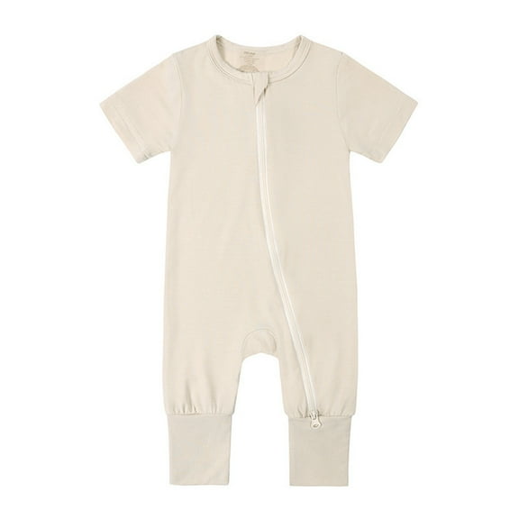 WERYOUNG Girls Boys Jumpsuit Summer Unisex Soft Solid Color Zipper Round Neck Short Sleeve Jumpsuit Baby Sweet Daily Wear Sleepwear Onesie,Beige,6-12 Months