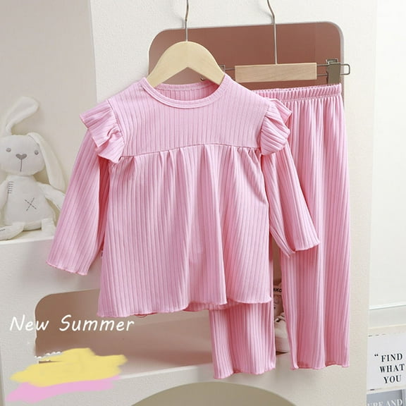 WERYOUNG Girls Boys Nightwear Spring Summer Soft Comfy Long Sleeve Solid Color Round Neck Sleepwear Girls Breathable Pajamas,Pink,4-5 Years