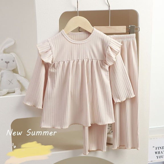 WERYOUNG Girls Boys Nightwear Spring Summer Soft Comfy Long Sleeve Solid Color Round Neck Sleepwear Girls Trendy Pajamas,Beige,2-3 Years