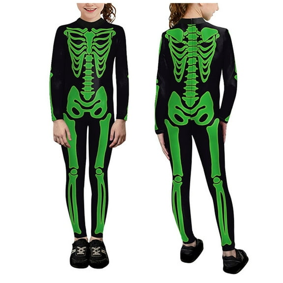 WERYOUNG Girls Boys Onesie Casual Skeleton Printed Long Sleeve Round Neck Zip-Up Stage Performance Tights Halloween Jumpsuit Classic Birthday Party One-Pieces,Green,L