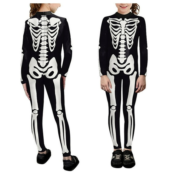 WERYOUNG Girls Boys Onesie Casual Skeleton Printed Long Sleeve Round Neck Zip-Up Stage Performance Tights Halloween Jumpsuit Classic Indoor One-Pieces,White,M