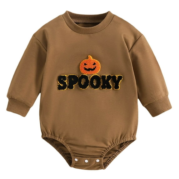 WERYOUNG Girls Boys Onesie Comfort Long Sleeve Round Neck Pumpkin Embroider Pullover Halloween Bodysuits Girls Stylish Outdoor One-Pieces,Brown,0-3 Months