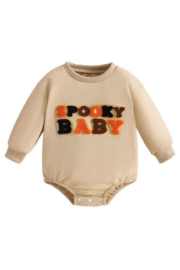 Girls Boys Onesie Comfort Long Sleeve Round Neck Pumpkin Embroider Pullover Halloween Bodysuits Trendy Outdoor One-Pieces,Beige,6-12 Months