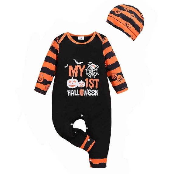 WERYOUNG Girls Boys Onesie Cute Cartoon Ghost Pumpkin Printed Round Neck Long Sleeve Halloween Jumpsuit Versatile Indoor One-Pieces,Black,9-12 Months