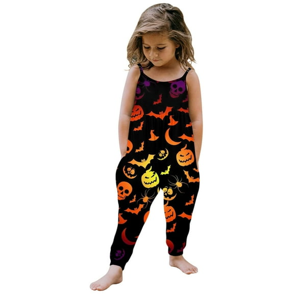 WERYOUNG Girls Boys Onesie Fashion Sleeveless Round Neck Cartoon Pumpkin Printed Spaghetti Strap Halloween Jumpsuit Toddler Lovely Photography One-Pieces,Black,7-8 Years