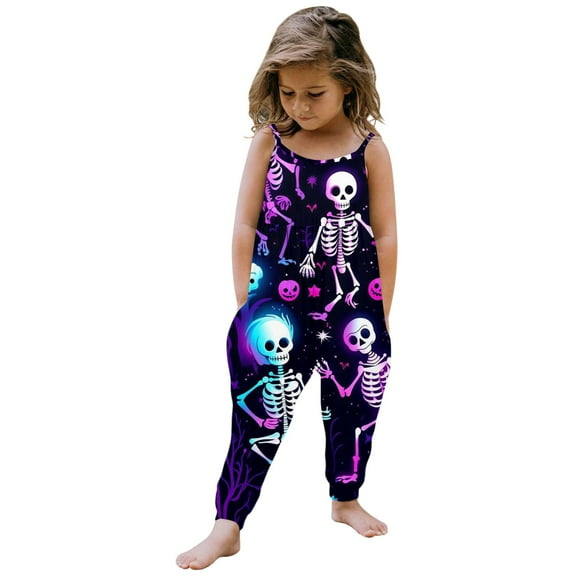 WERYOUNG Girls Boys Onesie Fashion Sleeveless Round Neck Cartoon Skeleton Printed Spaghetti Strap Halloween Jumpsuit Toddler Trendy Halloween Party One-Pieces,Purple,7-8 Years