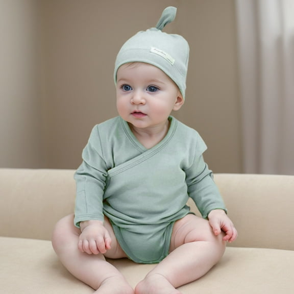 WERYOUNG Girls Boys Onesie Spring Summer Solid Color Long Sleeve Bodysuit With Hat Baby Leisure Beach Bodysuit,Green,12-18 Months