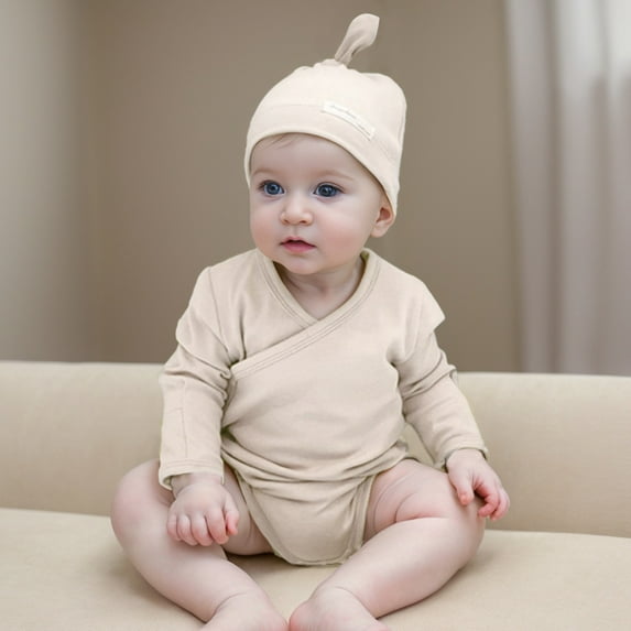 WERYOUNG Girls Boys Onesie Spring Summer Solid Color Long Sleeve Bodysuit With Hat Newborn Trendy Beach Bodysuit,Beige,6-12 Months