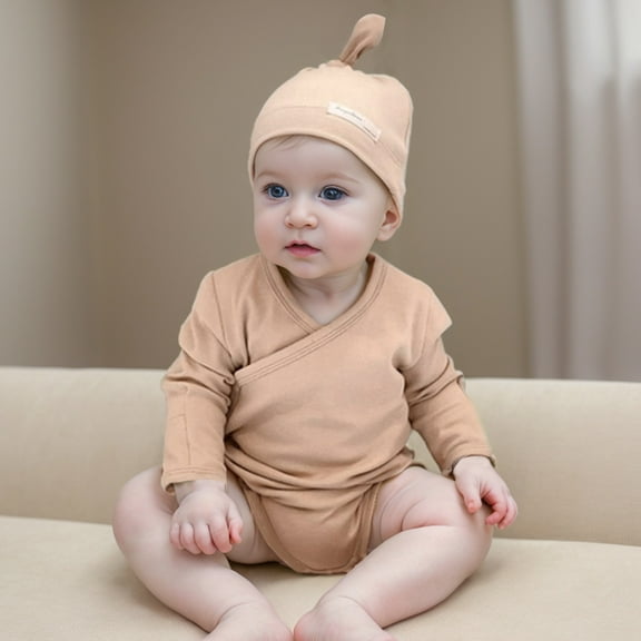 WERYOUNG Girls Boys Onesie Spring Summer Solid Color Long Sleeve Bodysuit With Hat Toddler Cute Daily Wear Bodysuit,Khaki,12-18 Months