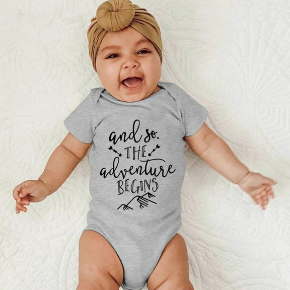 WERYOUNG Girls Boys Onesie Summer Casual Solid Color Letter Printed Round Neck Short Sleeve Bodysuit Kids Sweet Beach Bodysuit,Grey,18-24 Months