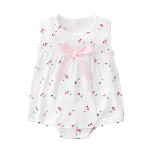 WERYOUNG Girls Boys Onesie Summer Cute Cartoon Cherry Printed Bow Trim Sleeveless Dress Bodysuit Kids Cute Beach Bodysuit,Red,9-12 Months