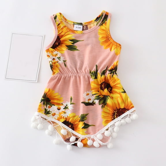 WERYOUNG Girls Boys Onesie Summer Tassels Round Neck Sleeveless Sunflower Printed Bodysuit Baby Stylish Homewear Bodysuit,Pink,3-6 Months