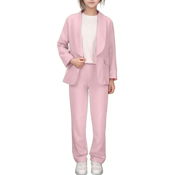 WERYOUNG Girls Boys Outfits Solid Color Slim Fit Formal Long Sleeve Jacket High Elastic Waist Pant Suit Tuxedo Set Child Comfort Beach Outfit,Pink,140