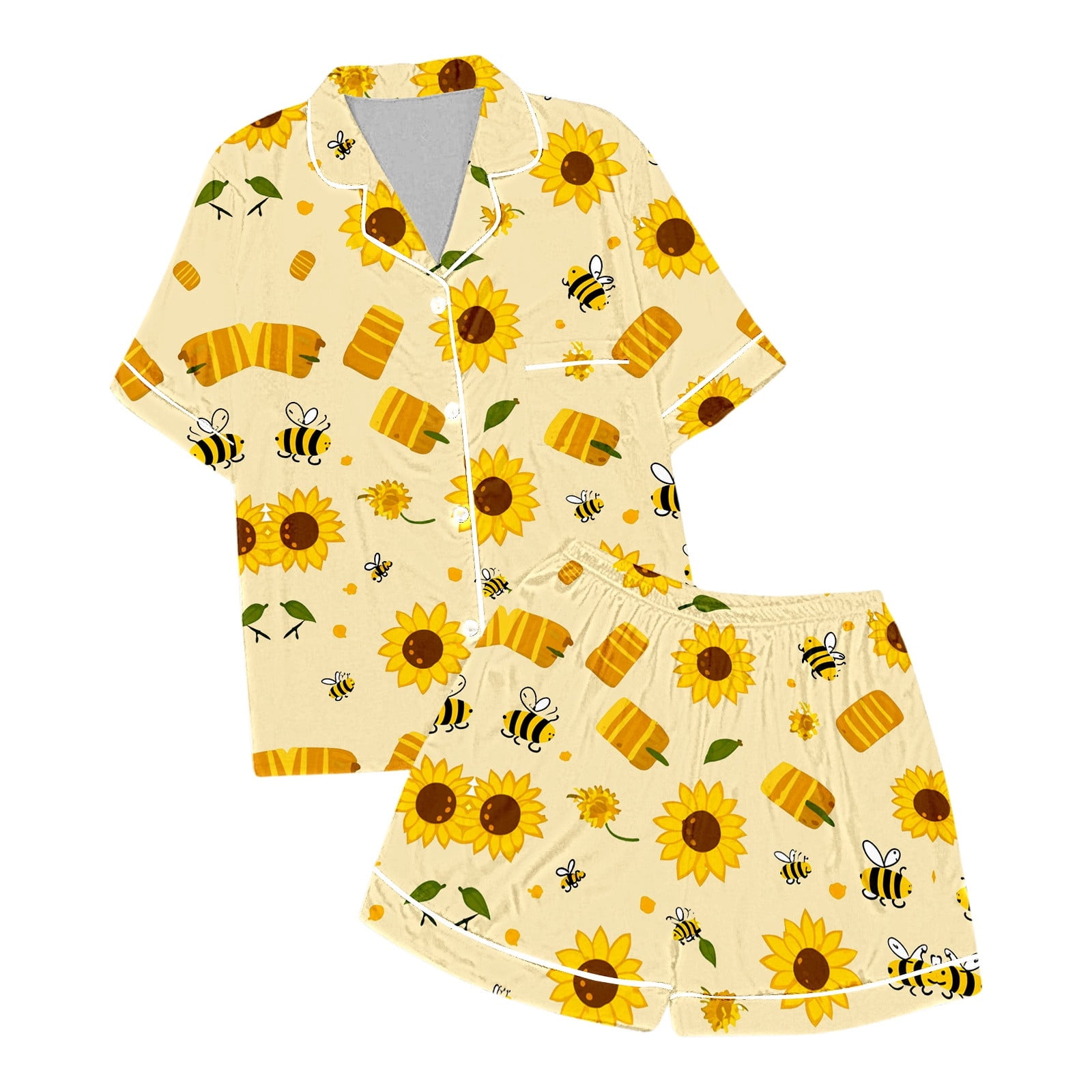 White Full Sleeves Bee Printed Nightwear