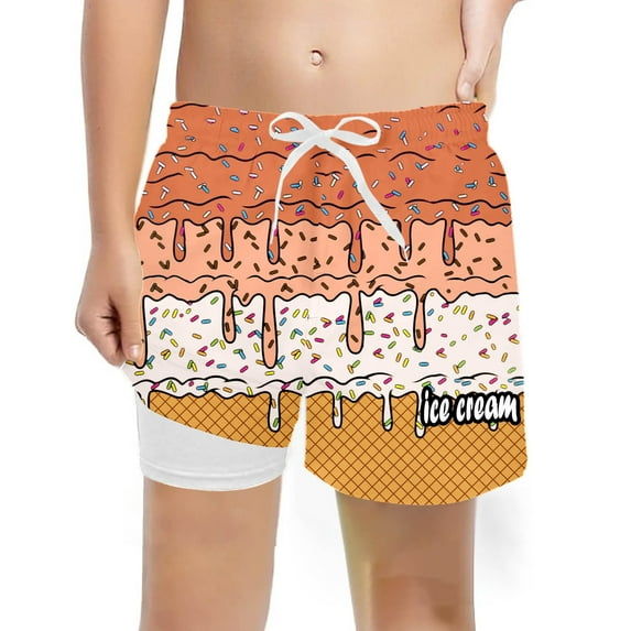 WERYOUNG Girls Boys Shorts Cartoon Waffle Ice Cream Printed Elastic Waist Drawstring Baseball Shorts With Liner Child Classic Beach Shorts,Orange,14-16 Years