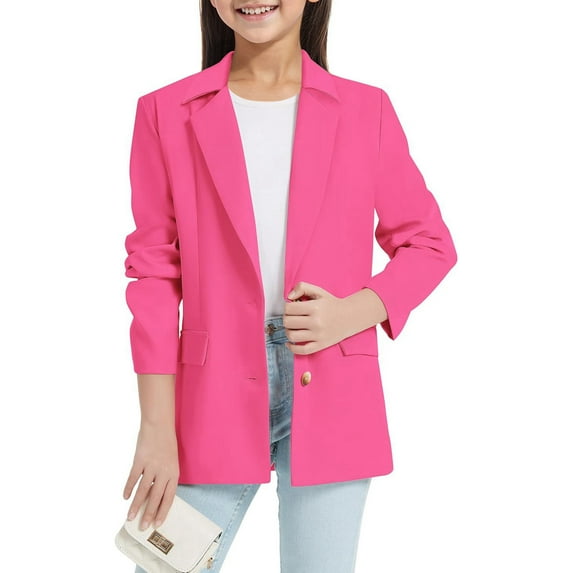 WERYOUNG Girls Boys Suit Spring Summer Casual Solid Color Long Sleeve Notch Front With Inner Pocket Open Front Versatile Suit,Hot Pink,9-10 Years