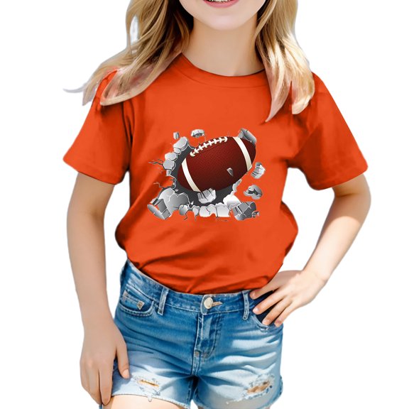 WERYOUNG Girls Boys T-Shirts Casual Rugby Football Printed Round Neck Short Sleeve Tshirts Toddler Stylish Tee,Orange,8-9 Years