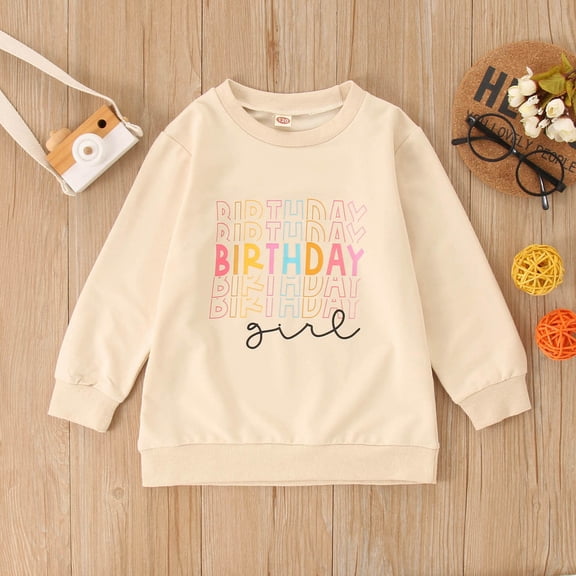 WERYOUNG Girls Boys T-Shirts Summer casual Letter Printed Round Neck Long Sleeve Birthday Girls Comfort Tshirts,Beige,3-4 Years