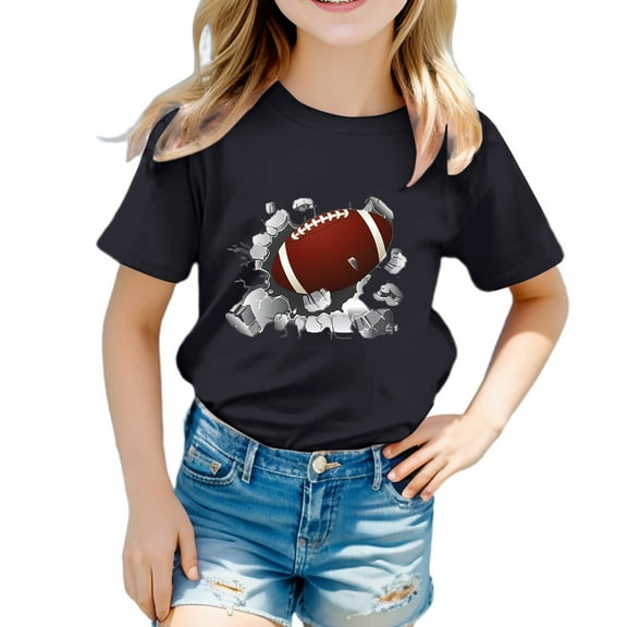 WERYOUNG Girls Boys Tee Shirts Casual Rugby Football Printed Round Neck Short Sleeve T-Shirts Kids Breathable Tshirts,Black,18-24 Months