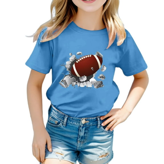 WERYOUNG Girls Boys Tee Shirts Casual Rugby Football Printed Round Neck Short Sleeve T-Shirts Kids Cozy Tshirts,Sky Blue,18-24 Months