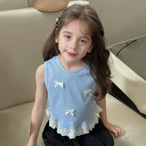 WERYOUNG Girls Boys Tee Spring Summer Bow Lace Sleeveless Tee Shirts Toddler Versatile T-Shirts,Blue,5/120