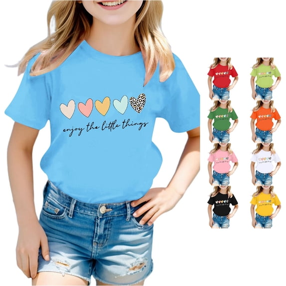 WERYOUNG Girls Cute Graphic T Shirts Heart Print Round Neck Short Sleeve Tees Summer Casual T-Shirt Comfortable Top 7-8 Years