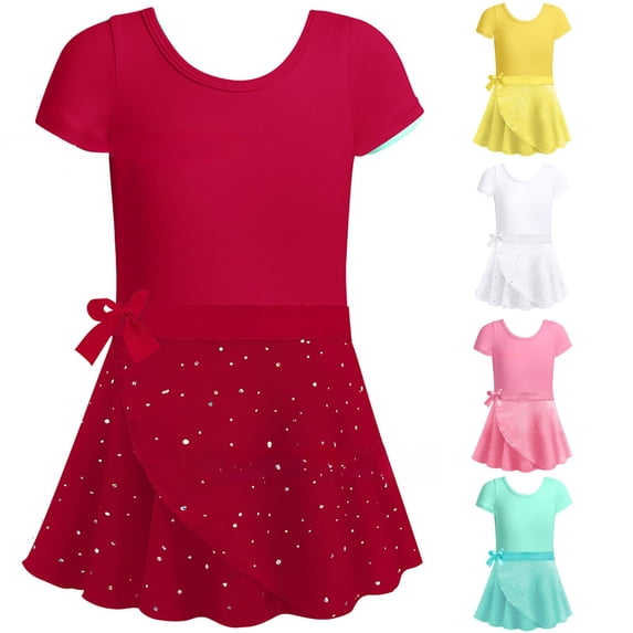 WERYOUNG Girls Dance Dresses Short Sleeve Ballet Practice Leotard Dress Toddler Kids Elegant Gymnastics Performance Sundresses