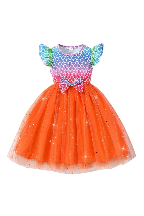 Girls Dresses Summer Casual Colorful Gradient Fish Scale Printed Fly Sleeve Bow Trim Tulle Ballet Dance Princess Dress Kids Leisure Wedding Party Ball Gown Dress Sundress,Orange,4-5 Years