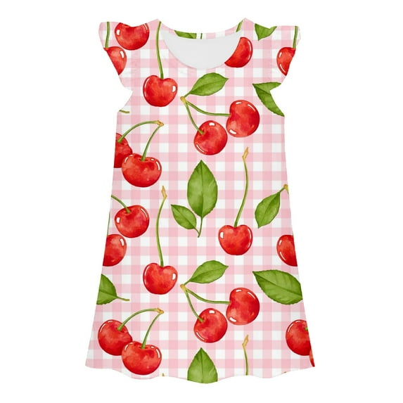 WERYOUNG Girls Dresses Summer Casual Comfortable Cartoon Cherry Plaid Printed Round Neck Fly Sleeve Homewear Dress Baby Cute Homewear Loose Dress,Watermelon Red,3-4 Years