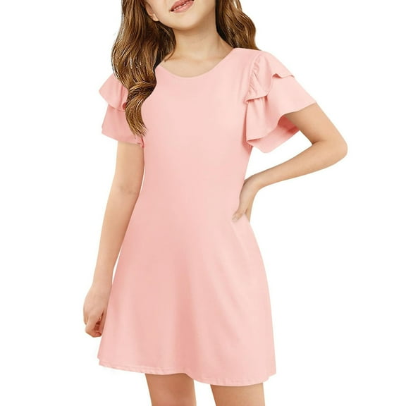 WERYOUNG Girls Dresses Summer Casual Comfortable Solid Color Round Neck Short Sleeve Dress Girls Soft Beach A-Line Dress,Pink,4-5 Years