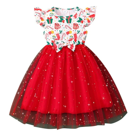WERYOUNG Girls Dresses Summer Cute Cartoon Printed Fly Sleeve Bow Trim Sequins Tulle Ballet Dance Princess Dress Baby Cute Wedding Party Ball Gown Dress Sundress,Watermelon Red,3-4 Years