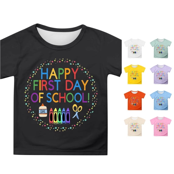 WERYOUNG Girls First Day Of School Shirt Cute Cartoon Print Round Neck Tees Short Sleeved Back To School T Shirts For Kids Comfortable Tops 8-9 Years