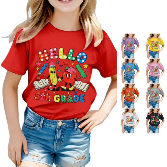 WERYOUNG Girls First Day Of School Shirt Short Sleeve Crew Neck Cartoon Prints T Shirts Lightweight Knit Tees For Kids Back To School Stylish Tops 3-4 Years