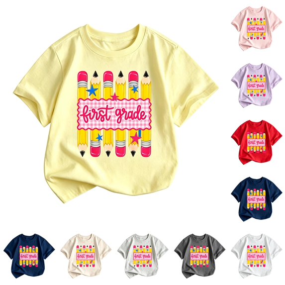 WERYOUNG Girls First Day Of School Shirts Short Sleeve Crewneck Cartoon Print T Shirts Lightweight Knit Tees For Kids Back To School Versatile Tops 8-9 Years