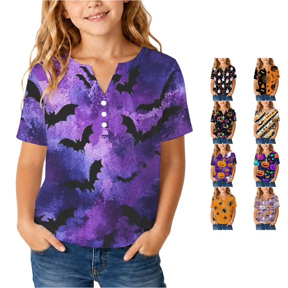 WERYOUNG Girls Halloween Shirts Casual Pumpkin Printed Short Sleeve Crewneck T Shirts Fashion Festival Tee Shirts For Toddler Kids Stylish Tops 10-11 Years