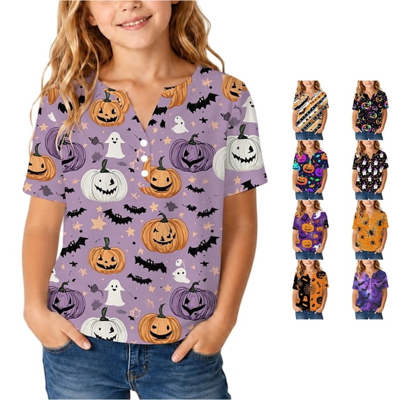 WERYOUNG Girls Halloween Shirts Casual Pumpkin Printed Short Sleeve Crewneck T Shirts Fashion Festival Tee Shirts For Toddler Kids Trendy Top 12-13 Years