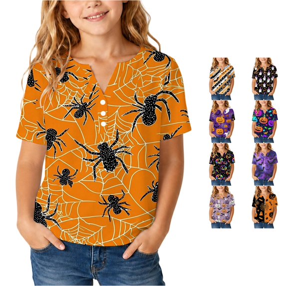 WERYOUNG Girls Halloween Shirts Casual Pumpkin Printed Short Sleeve Crewneck T Shirts Fashion Festival Tee Shirts For Toddler Kids Versatile Tops 14-16 Years