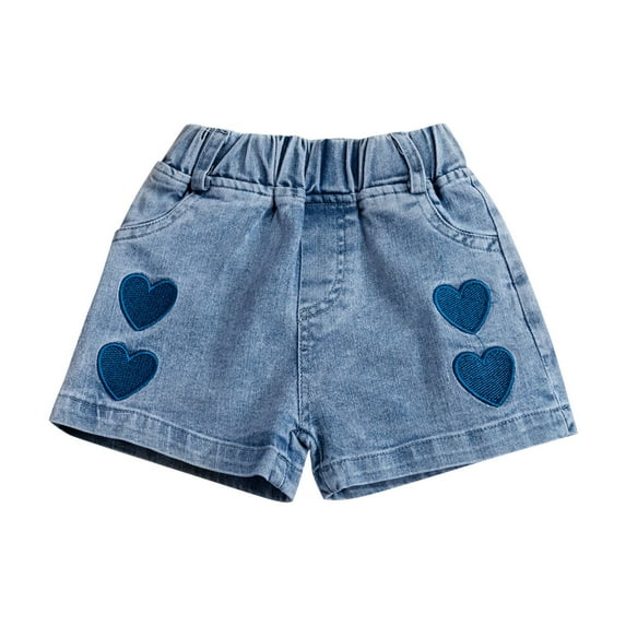 WERYOUNG Girls Jeans Shorts Summer Casual Love Heart Embroidered Elastic Waist Denim Shorts With Pockets Baby Trendy Daily Bottom,Blue,18-24 Months