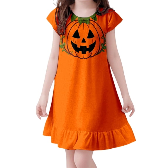 WERYOUNG Girls Nightgowns Cute Halloween Pajamas Dress Flutter Sleeve Crewneck Pumpkin Print Nightdress For Kids Toddler Comfortable Nightwear 3-4 Years