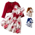 thumbnail image 1 of WERYOUNG Girls Outfits Floral Print Sleeveless Bow A Line Dress Lightweight Long Sleeve Ribble Knit Ruffle Cardigan 2 Piece Sets Comfortable Clothing Sets 5-6 Years, 1 of 9