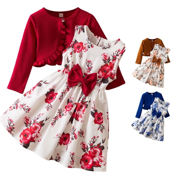 WERYOUNG Girls Outfits Floral Print Sleeveless Bow A Line Dress Lightweight Long Sleeve Ribble Knit Ruffle Cardigan 2 Piece Sets Comfortable Clothing Sets 5-6 Years