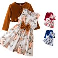 thumbnail image 1 of WERYOUNG Girls Outfits Floral Print Sleeveless Bow A Line Dress Lightweight Long Sleeve Ribble Knit Ruffle Cardigan 2 Piece Sets Versatile Clothing Sets 4-5 Years, 1 of 9